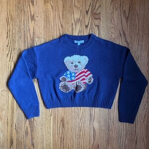 Grayson Threads Cropped Navy Sweater with Patriotic Teddy Bear